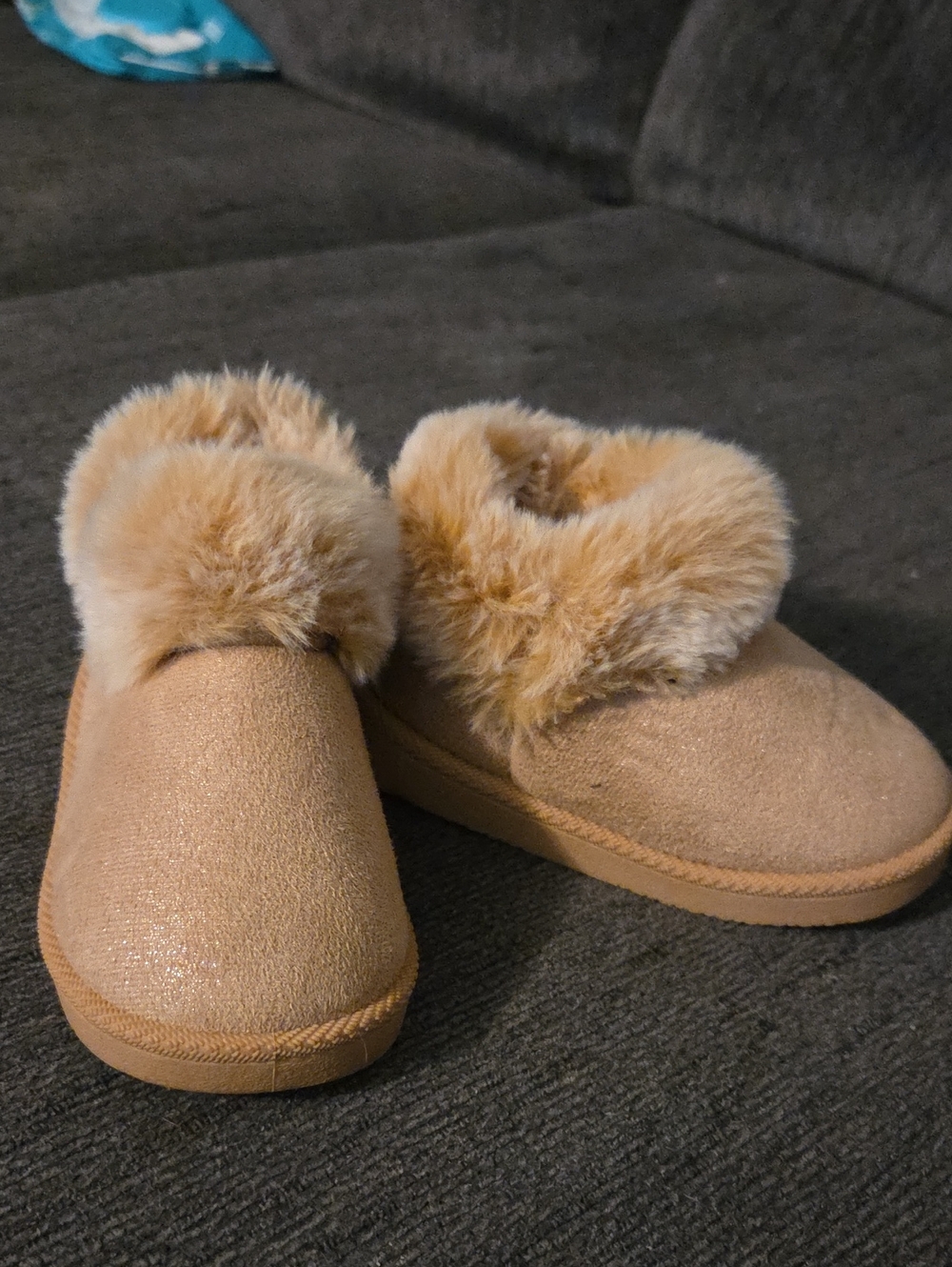 Kids Faux-Fur Cozy Slip-On Slippers in Tan
